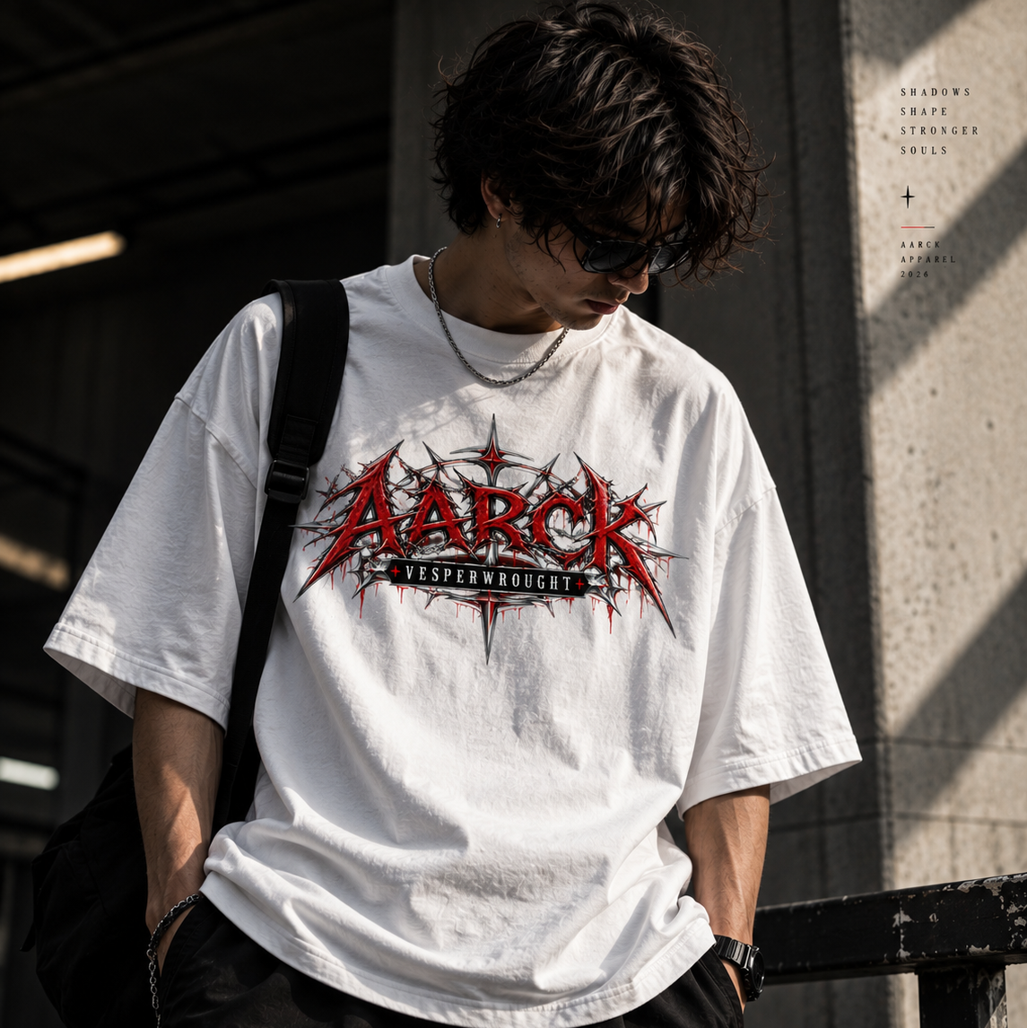 A person wearing an oversized white graphic T-shirt with a large red and black 'AARCK' logo on the chest, paired with black cargo pants and a black shoulder bag in an urban setting.